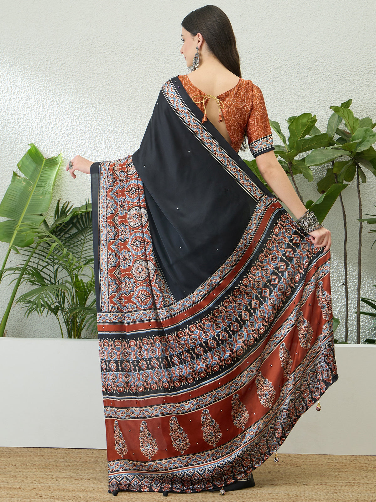 Blossom Party Wear Satin Silk Ajrak Print Rich Pallu Fancy Saree With Unstitched Blouse Piece