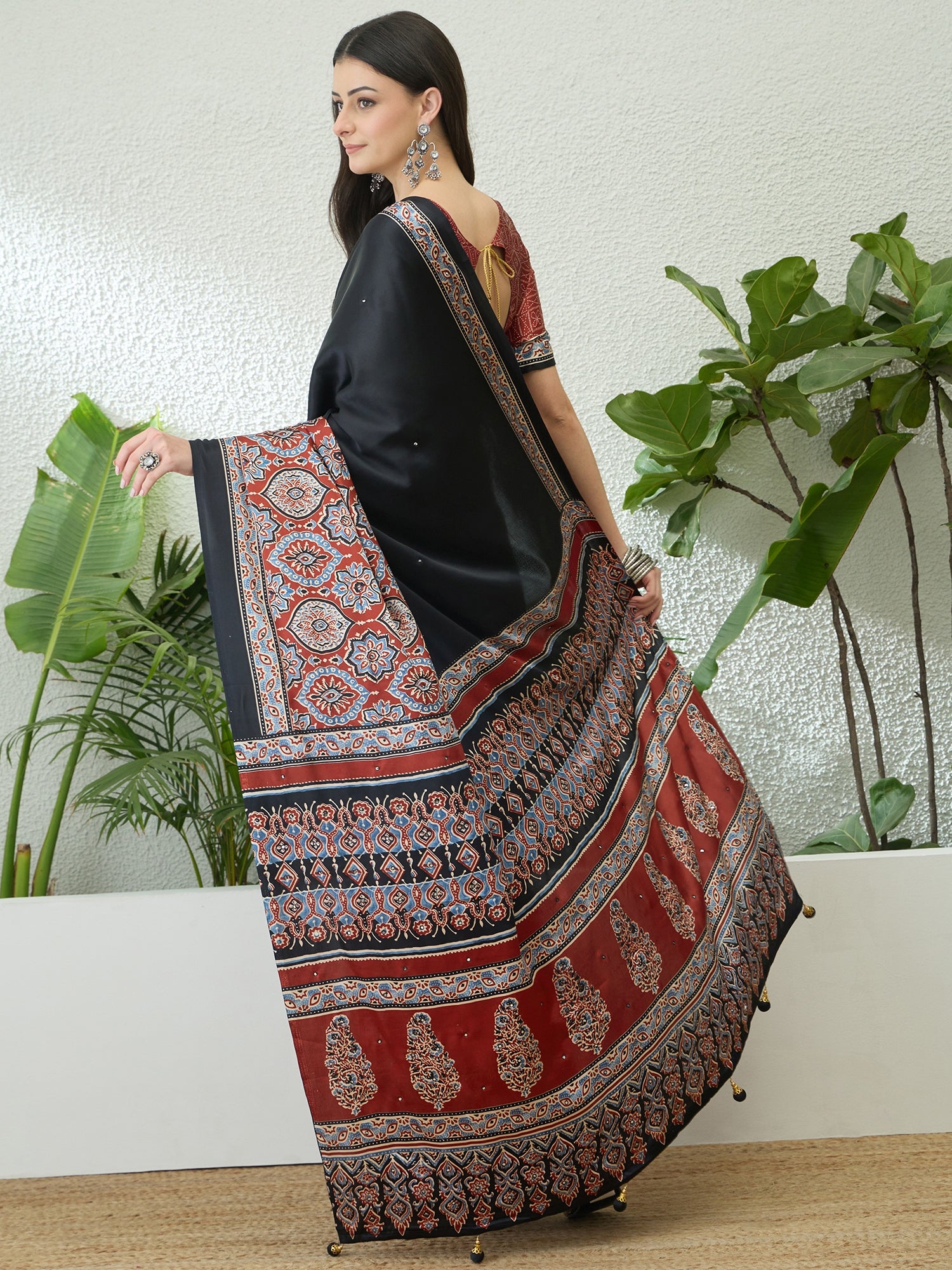 Blossom Party Wear Satin Silk Ajrak Print Rich Pallu Fancy Saree With Unstitched Blouse Piece