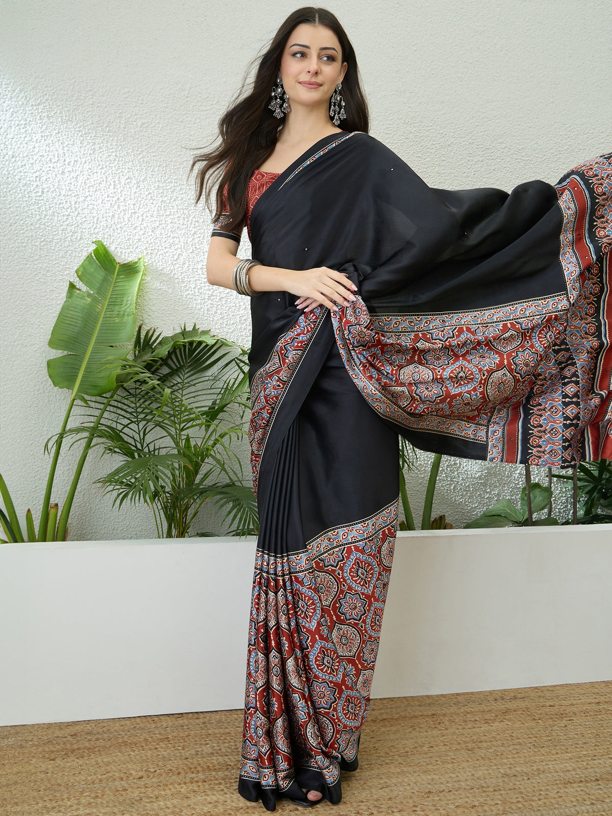 Blossom Party Wear Satin Silk Ajrak Print Rich Pallu Fancy Saree With Unstitched Blouse Piece