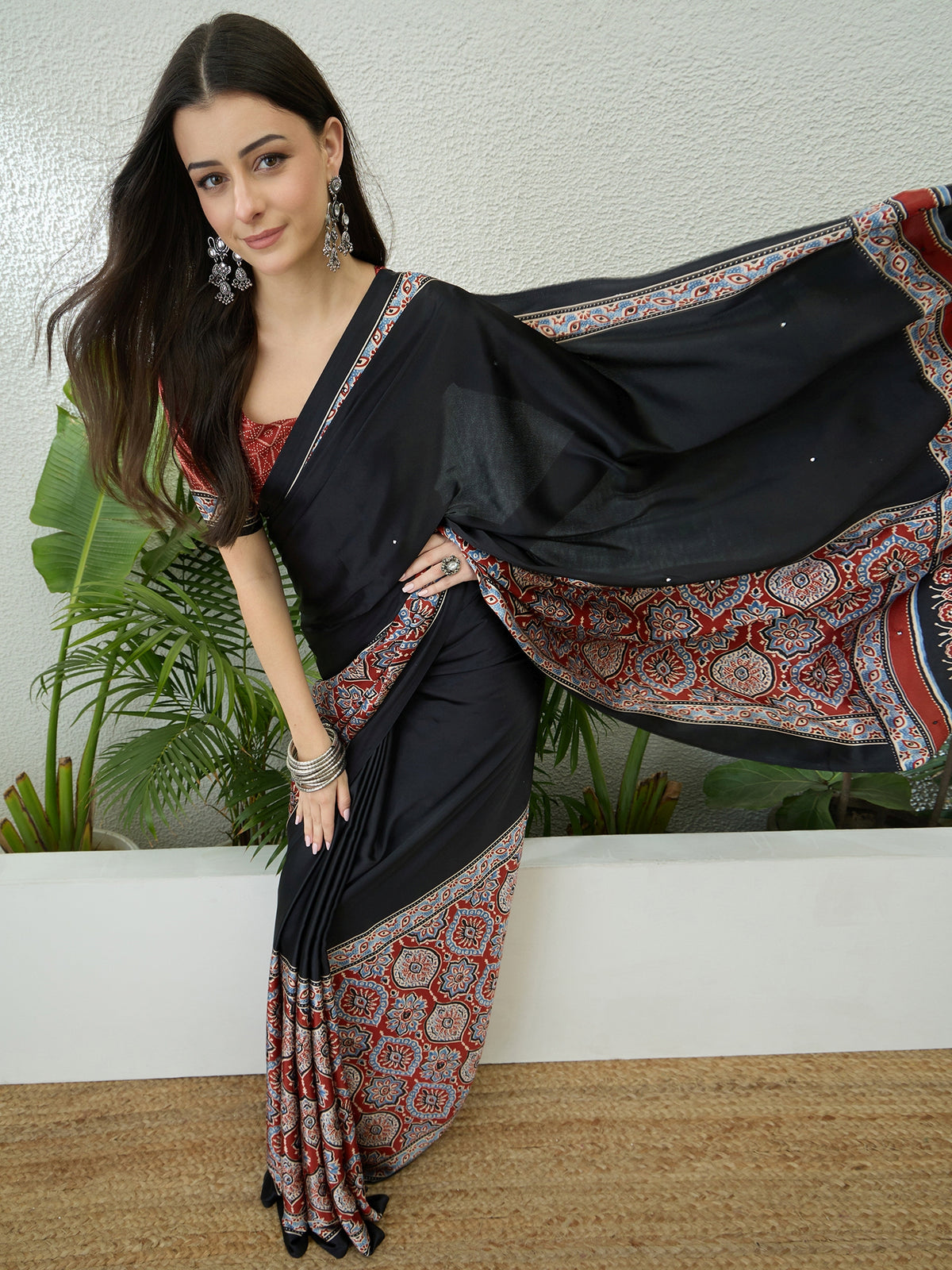 Blossom Party Wear Satin Silk Ajrak Print Rich Pallu Fancy Saree With Unstitched Blouse Piece