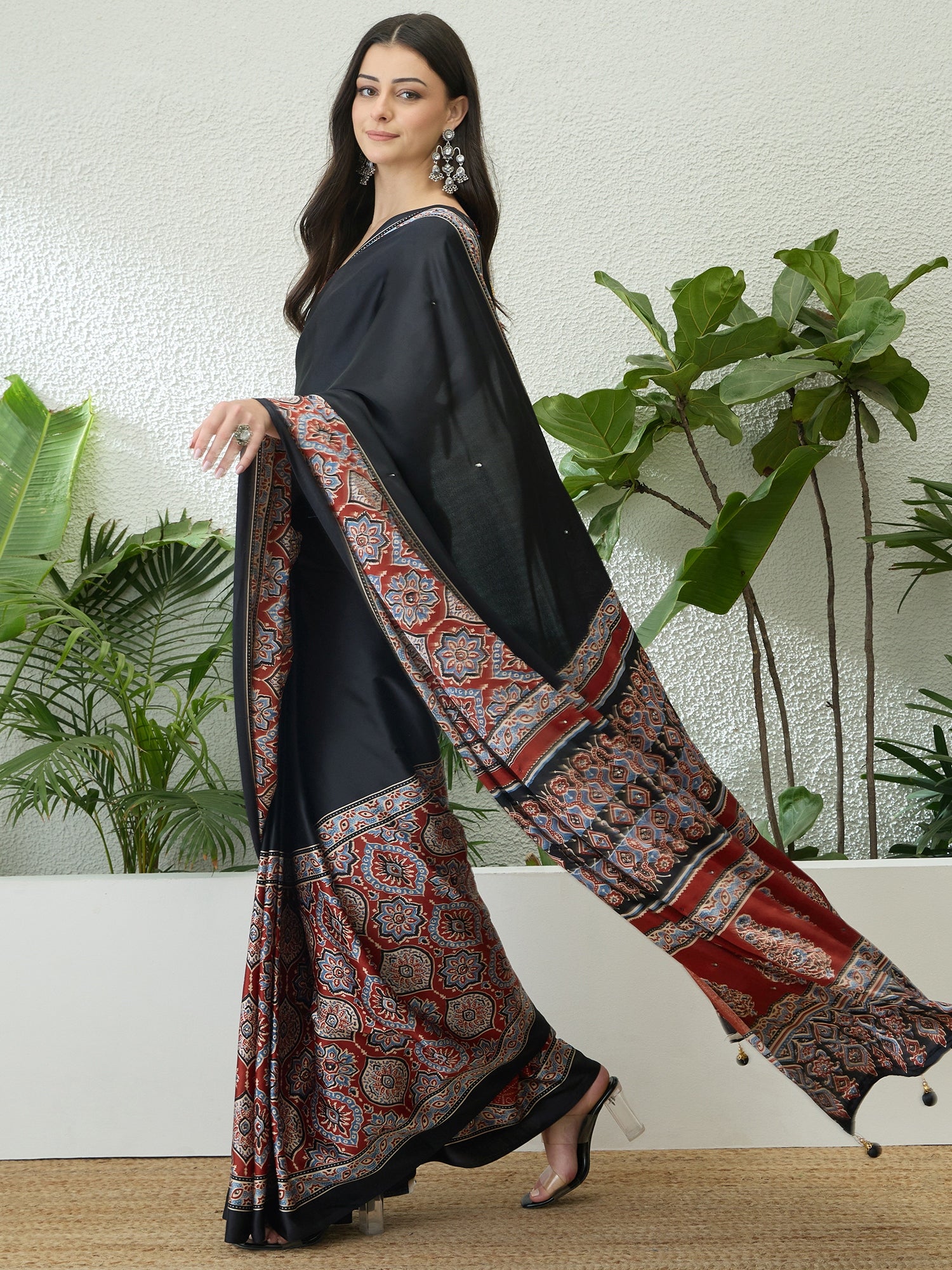 Blossom Party Wear Satin Silk Ajrak Print Rich Pallu Fancy Saree With Unstitched Blouse Piece
