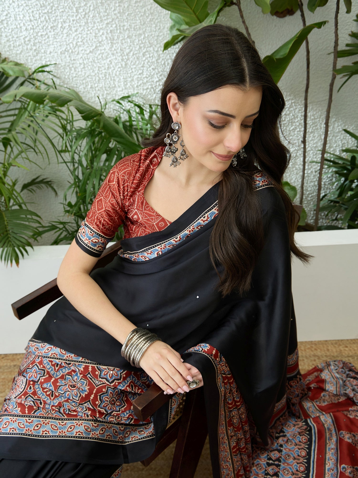 Blossom Party Wear Satin Silk Ajrak Print Rich Pallu Fancy Saree With Unstitched Blouse Piece