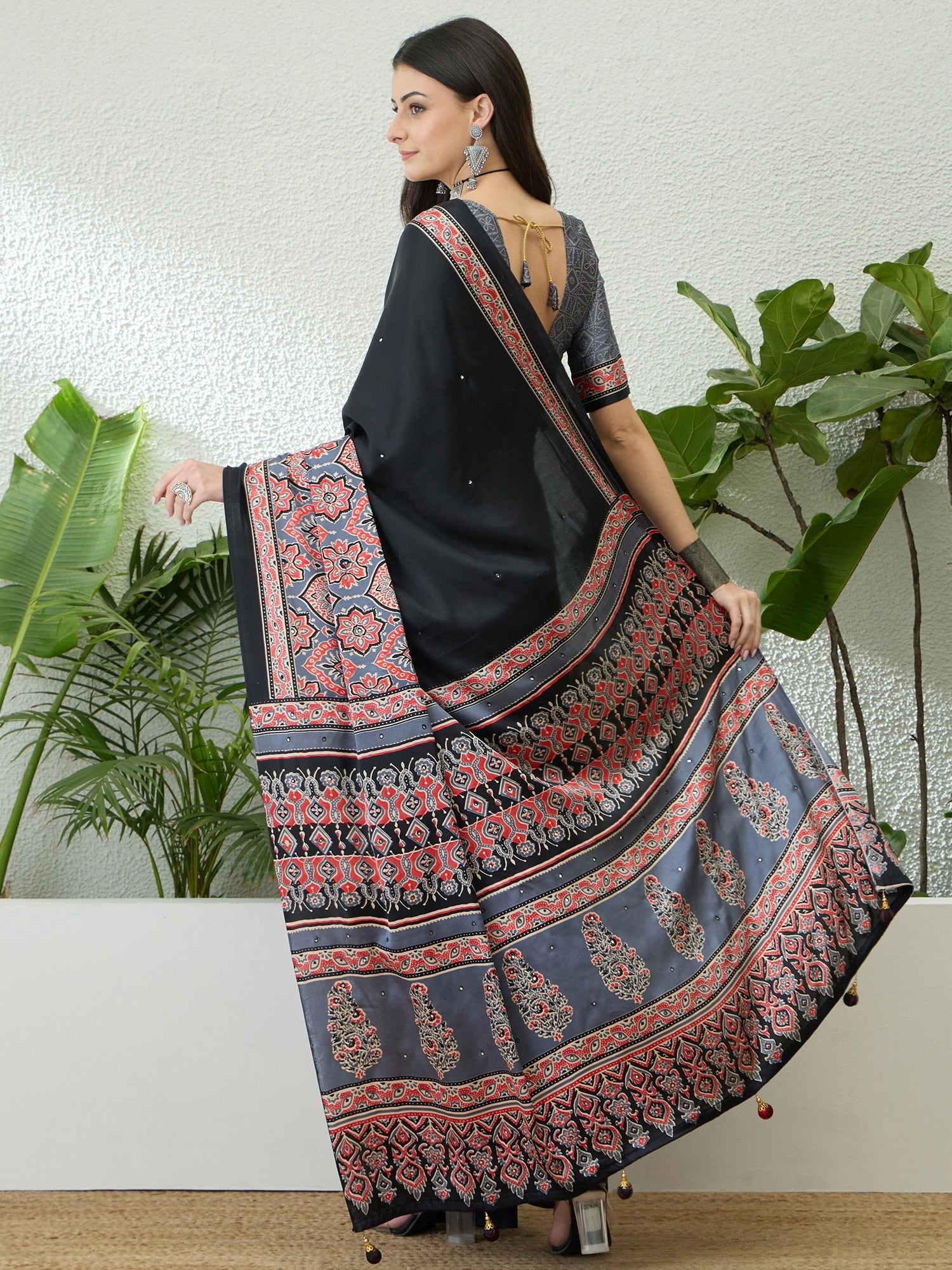 Blossom Party Wear Satin Silk Ajrak Print Rich Pallu Fancy Saree With Unstitched Blouse Piece