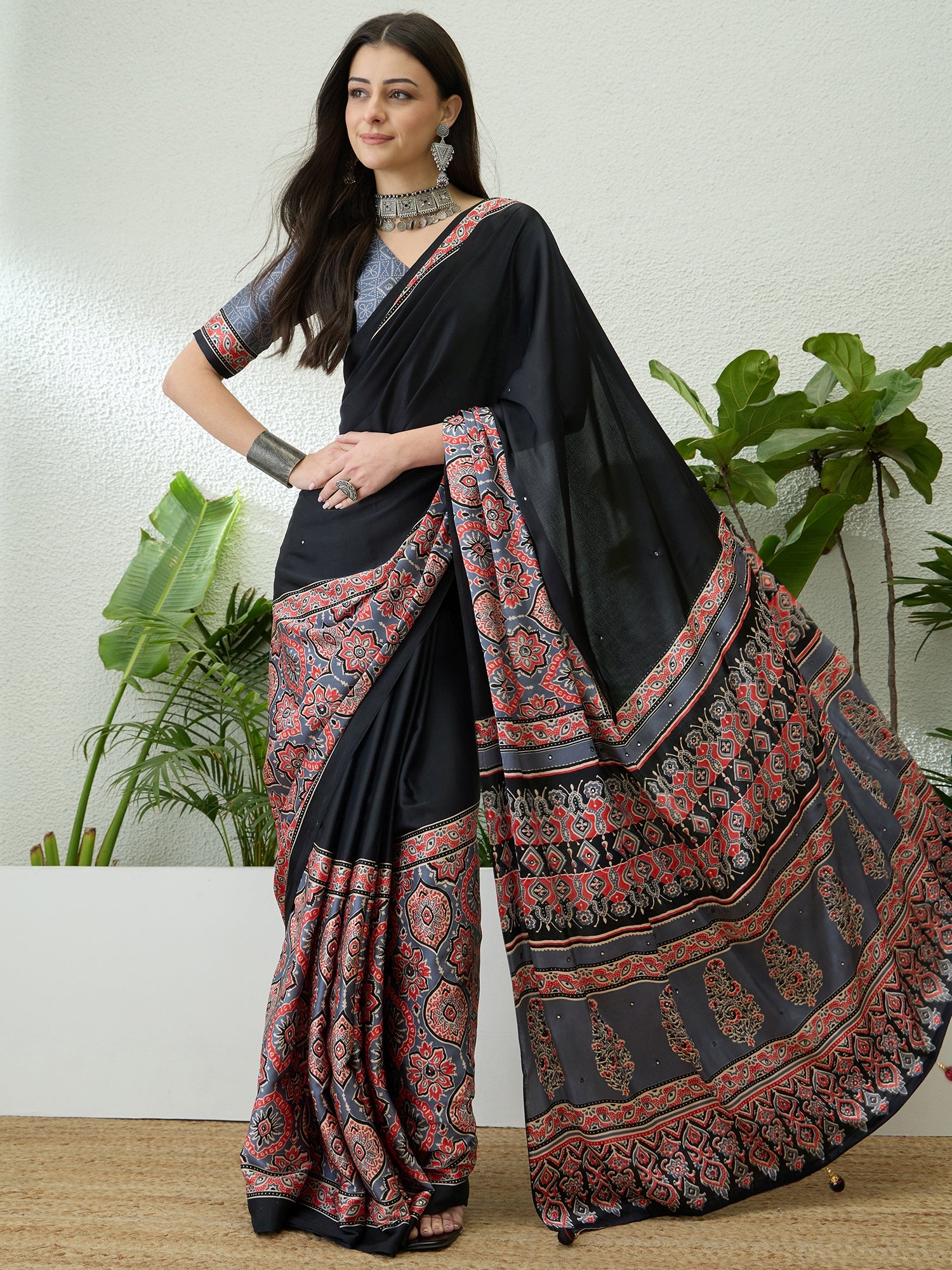 Blossom Party Wear Satin Silk Ajrak Print Rich Pallu Fancy Saree With Unstitched Blouse Piece