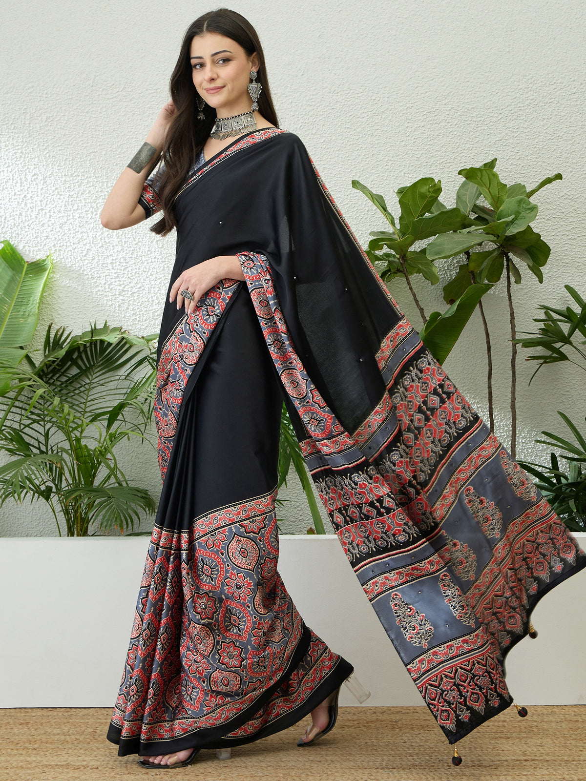 Blossom Party Wear Satin Silk Ajrak Print Rich Pallu Fancy Saree With Unstitched Blouse Piece
