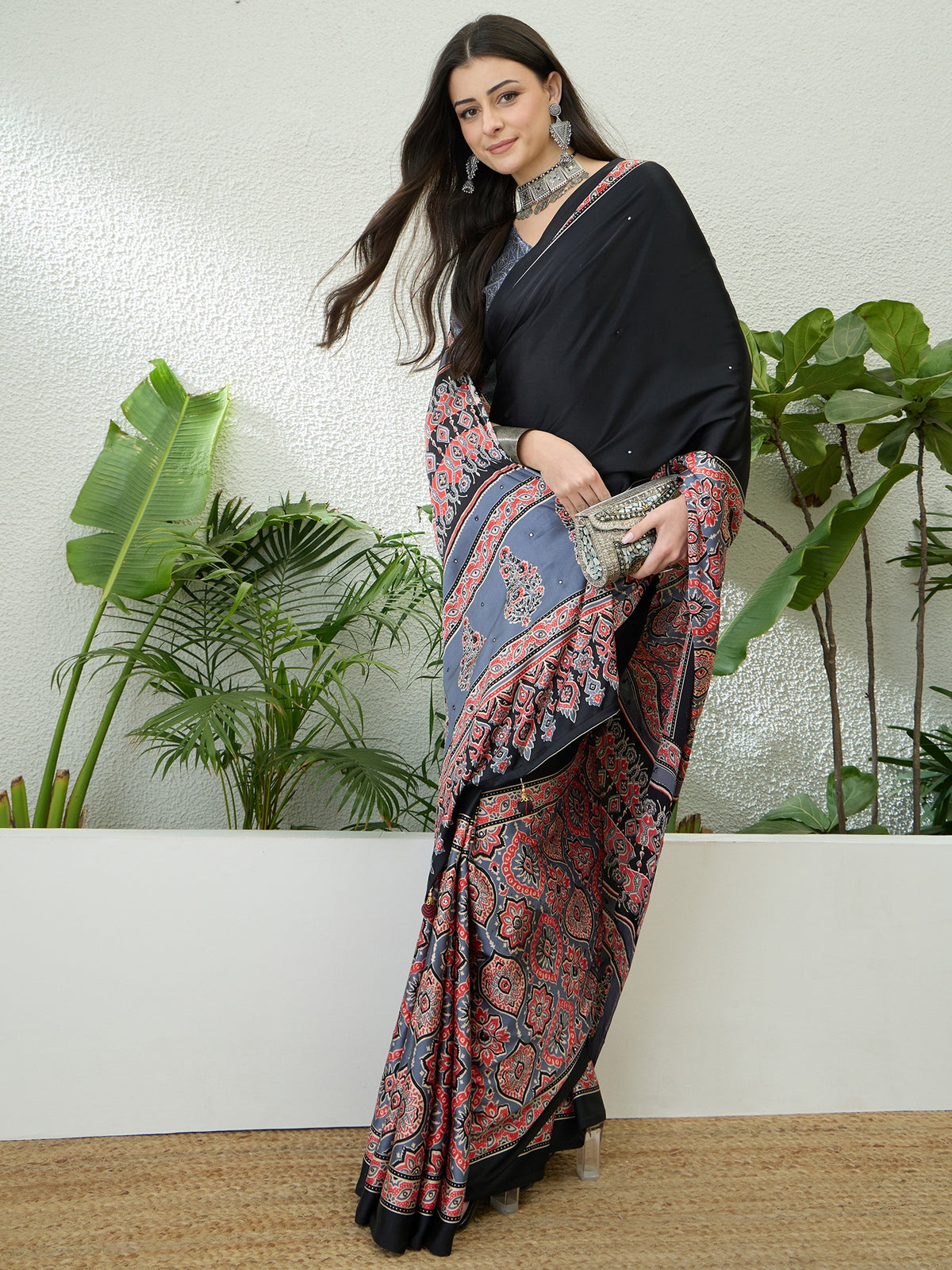 Blossom Party Wear Satin Silk Ajrak Print Rich Pallu Fancy Saree With Unstitched Blouse Piece