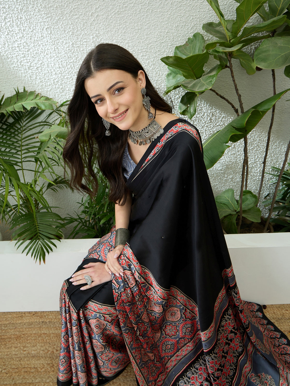 Blossom Party Wear Satin Silk Ajrak Print Rich Pallu Fancy Saree With Unstitched Blouse Piece