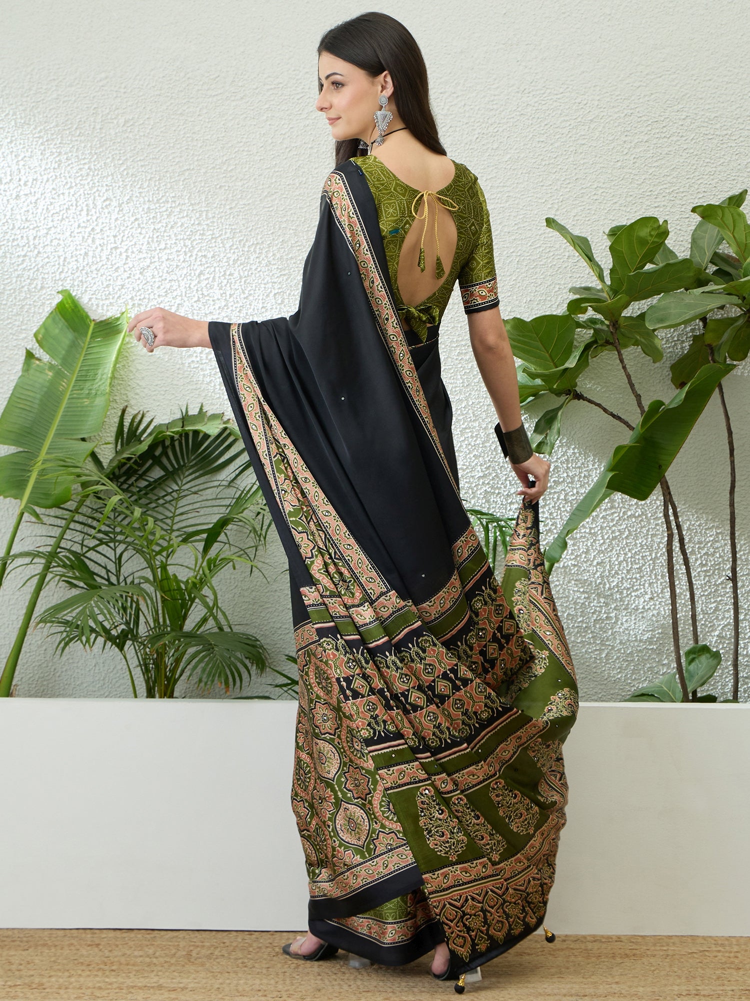 Blossom Party Wear Satin Silk Ajrak Print Rich Pallu Fancy Saree With Unstitched Blouse Piece