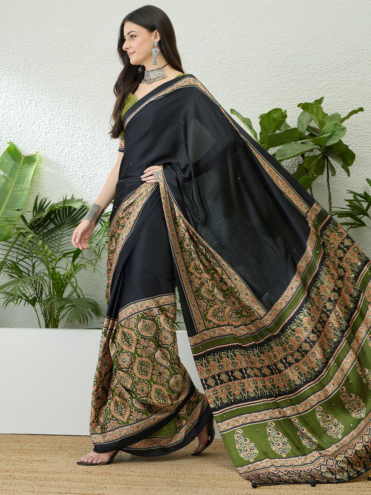 Blossom Party Wear Satin Silk Ajrak Print Rich Pallu Fancy Saree With Unstitched Blouse Piece
