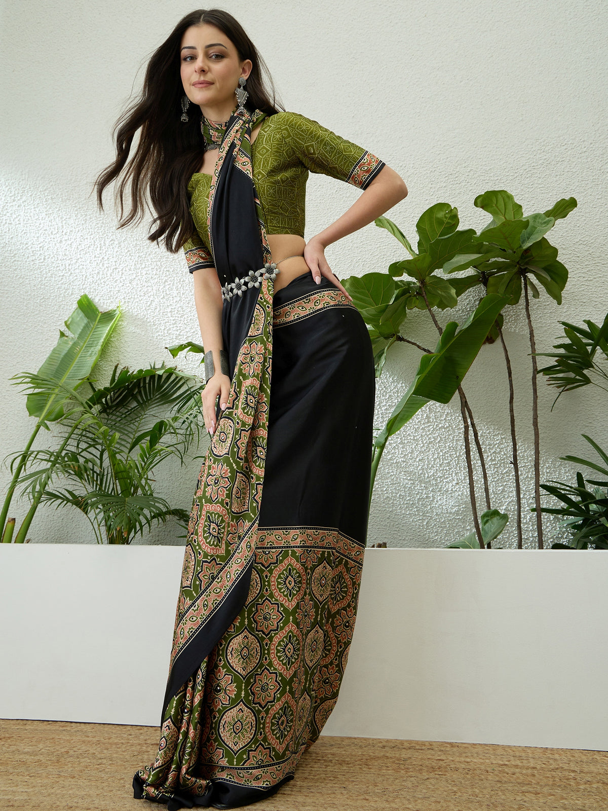 Blossom Party Wear Satin Silk Ajrak Print Rich Pallu Fancy Saree With Unstitched Blouse Piece