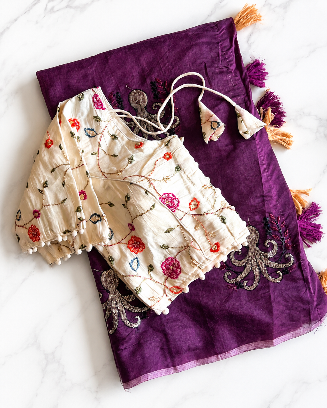 Desiring Function Wear Chanderi Cotton Embroidery n Tussels Work Fancy Saree With Stitched Blouse