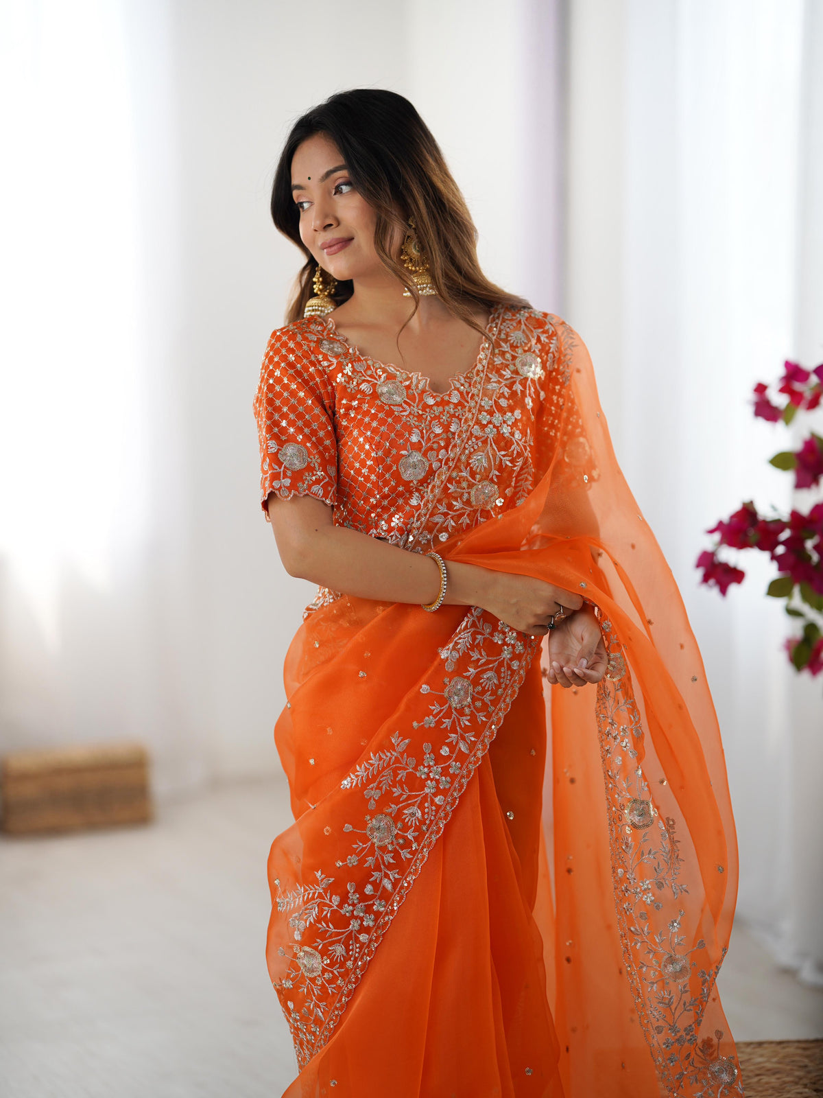 Attractive Party Wear Organza Silk Thread n Sequence Work Fancy Designer Saree With Unstitched Blouse
