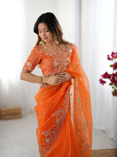 Load image into Gallery viewer, Attractive Party Wear Organza Silk Thread n Sequence Work Fancy Designer Saree With Unstitched Blouse
