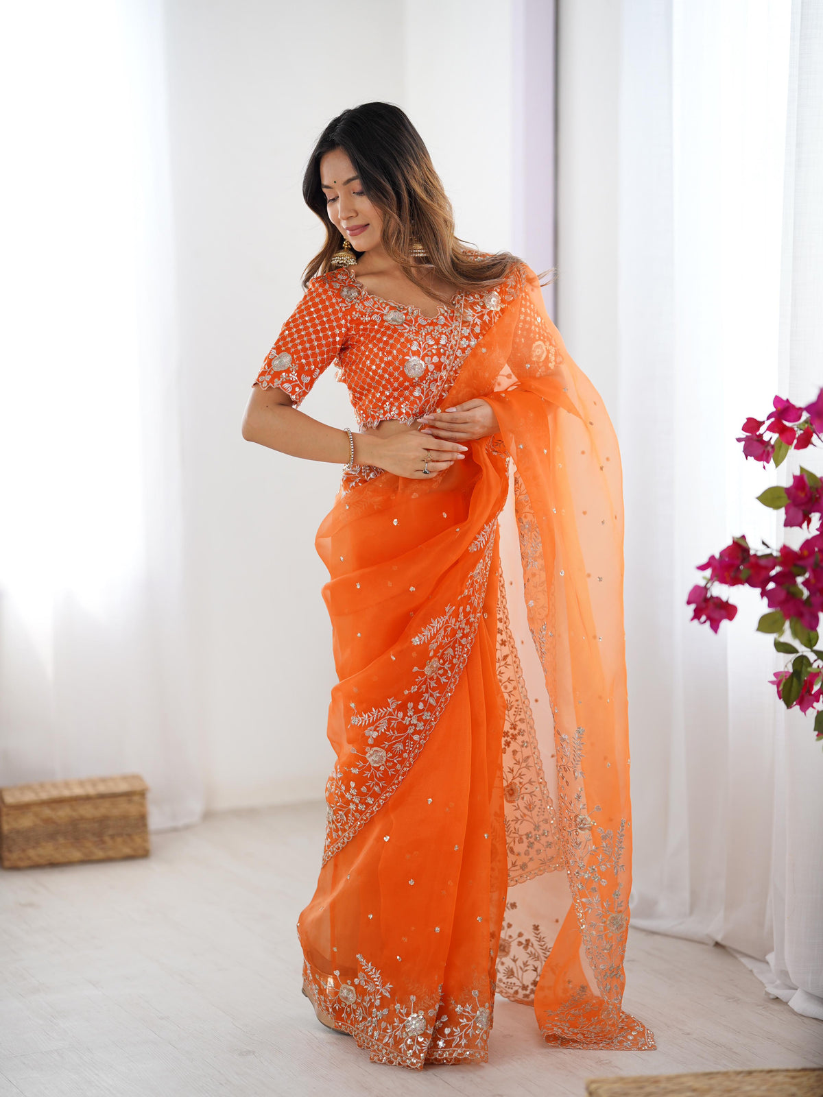 Attractive Party Wear Organza Silk Thread n Sequence Work Fancy Designer Saree With Unstitched Blouse