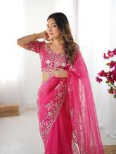 Load image into Gallery viewer, Attractive Party Wear Organza Silk Thread n Sequence Work Fancy Designer Saree With Unstitched Blouse
