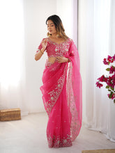 Load image into Gallery viewer, Attractive Party Wear Organza Silk Thread n Sequence Work Fancy Designer Saree With Unstitched Blouse
