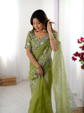Load image into Gallery viewer, Attractive Party Wear Organza Silk Thread n Sequence Work Fancy Designer Saree With Unstitched Blouse
