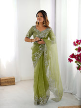 Load image into Gallery viewer, Attractive Party Wear Organza Silk Thread n Sequence Work Fancy Designer Saree With Unstitched Blouse
