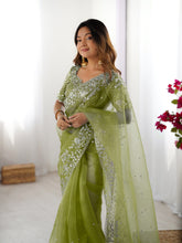 Load image into Gallery viewer, Attractive Party Wear Organza Silk Thread n Sequence Work Fancy Designer Saree With Unstitched Blouse
