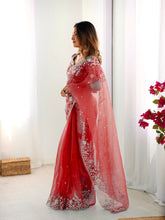 Load image into Gallery viewer, Attractive Party Wear Organza Silk Thread n Sequence Work Fancy Designer Saree With Unstitched Blouse
