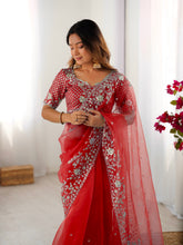 Load image into Gallery viewer, Attractive Party Wear Organza Silk Thread n Sequence Work Fancy Designer Saree With Unstitched Blouse
