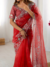 Load image into Gallery viewer, Attractive Party Wear Organza Silk Thread n Sequence Work Fancy Designer Saree With Unstitched Blouse
