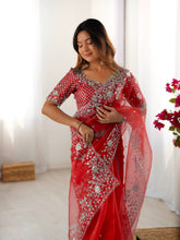 Load image into Gallery viewer, Attractive Party Wear Organza Silk Thread n Sequence Work Fancy Designer Saree With Unstitched Blouse
