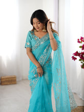 Load image into Gallery viewer, Attractive Party Wear Organza Silk Thread n Sequence Work Fancy Designer Saree With Unstitched Blouse
