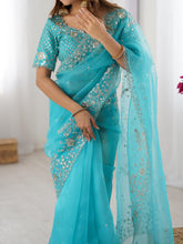 Load image into Gallery viewer, Attractive Party Wear Organza Silk Thread n Sequence Work Fancy Designer Saree With Unstitched Blouse
