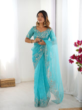 Load image into Gallery viewer, Attractive Party Wear Organza Silk Thread n Sequence Work Fancy Designer Saree With Unstitched Blouse
