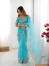 Load image into Gallery viewer, Attractive Party Wear Organza Silk Thread n Sequence Work Fancy Designer Saree With Unstitched Blouse

