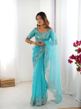 Load image into Gallery viewer, Attractive Party Wear Organza Silk Thread n Sequence Work Fancy Designer Saree With Unstitched Blouse
