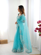 Load image into Gallery viewer, Attractive Party Wear Organza Silk Thread n Sequence Work Fancy Designer Saree With Unstitched Blouse
