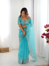 Load image into Gallery viewer, Attractive Party Wear Organza Silk Thread n Sequence Work Fancy Designer Saree With Unstitched Blouse
