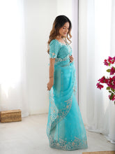 Load image into Gallery viewer, Attractive Party Wear Organza Silk Thread n Sequence Work Fancy Designer Saree With Unstitched Blouse
