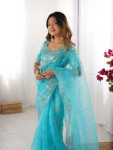 Load image into Gallery viewer, Attractive Party Wear Organza Silk Thread n Sequence Work Fancy Designer Saree With Unstitched Blouse
