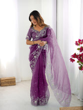 Load image into Gallery viewer, Attractive Party Wear Organza Silk Thread n Sequence Work Fancy Designer Saree With Unstitched Blouse
