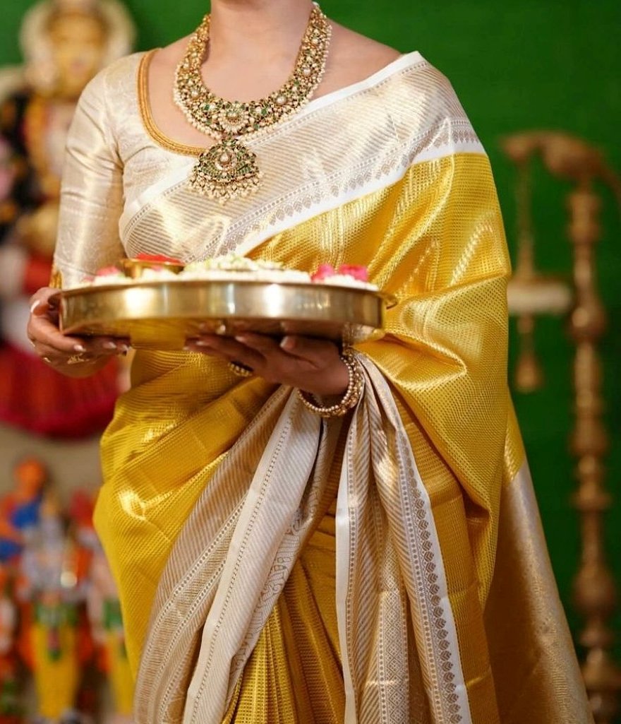 New Wedding Wear Golden Color Kanchipuram Tissue Silk Zari Weaving Designer Saree