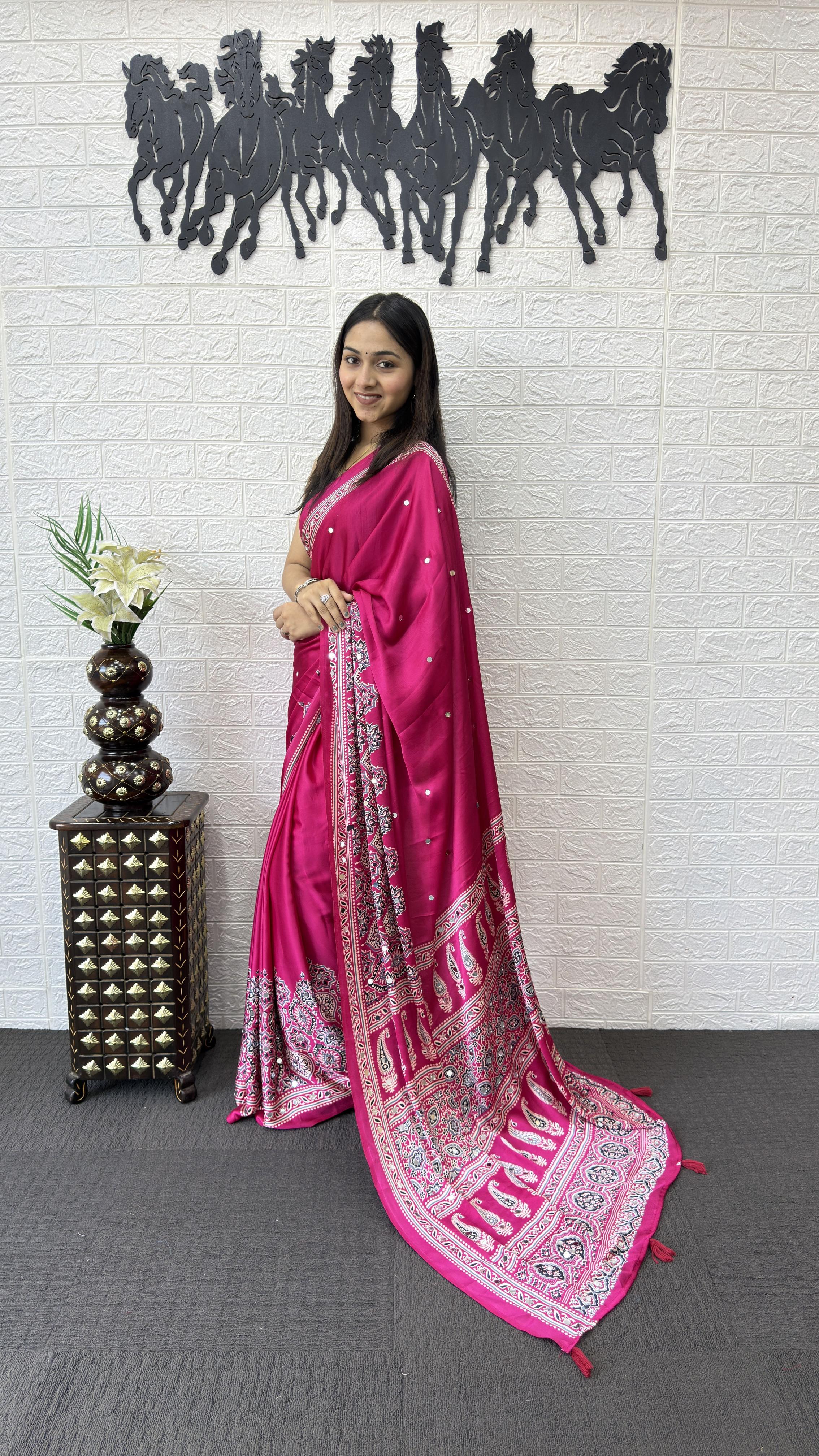 Divine Function Wear Satin Silk Heavy Mirror n Latkan Pallu Designer Saree With Unstitched Blouse Piece