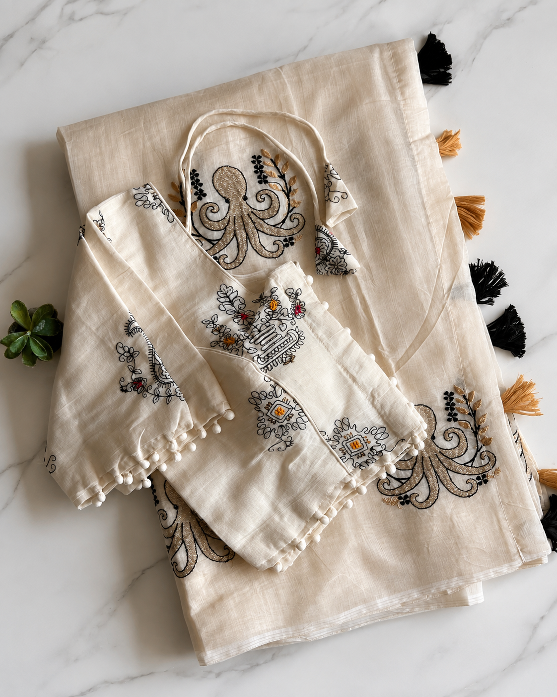 Desiring Function Wear Chanderi Cotton Embroidery n Tussels Work Fancy Saree With Stitched Blouse