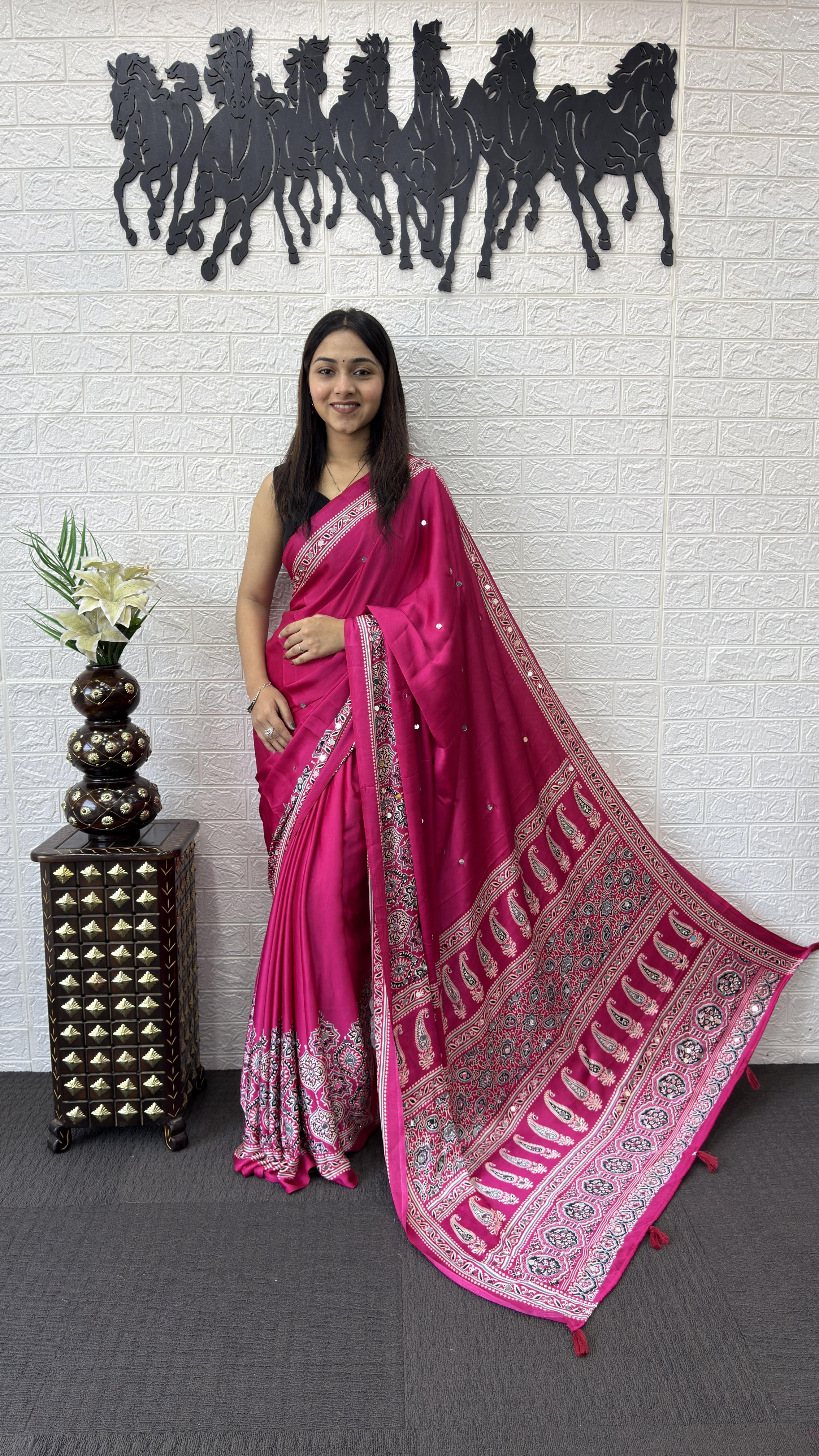Divine Function Wear Satin Silk Heavy Mirror n Latkan Pallu Designer Saree With Unstitched Blouse Piece
