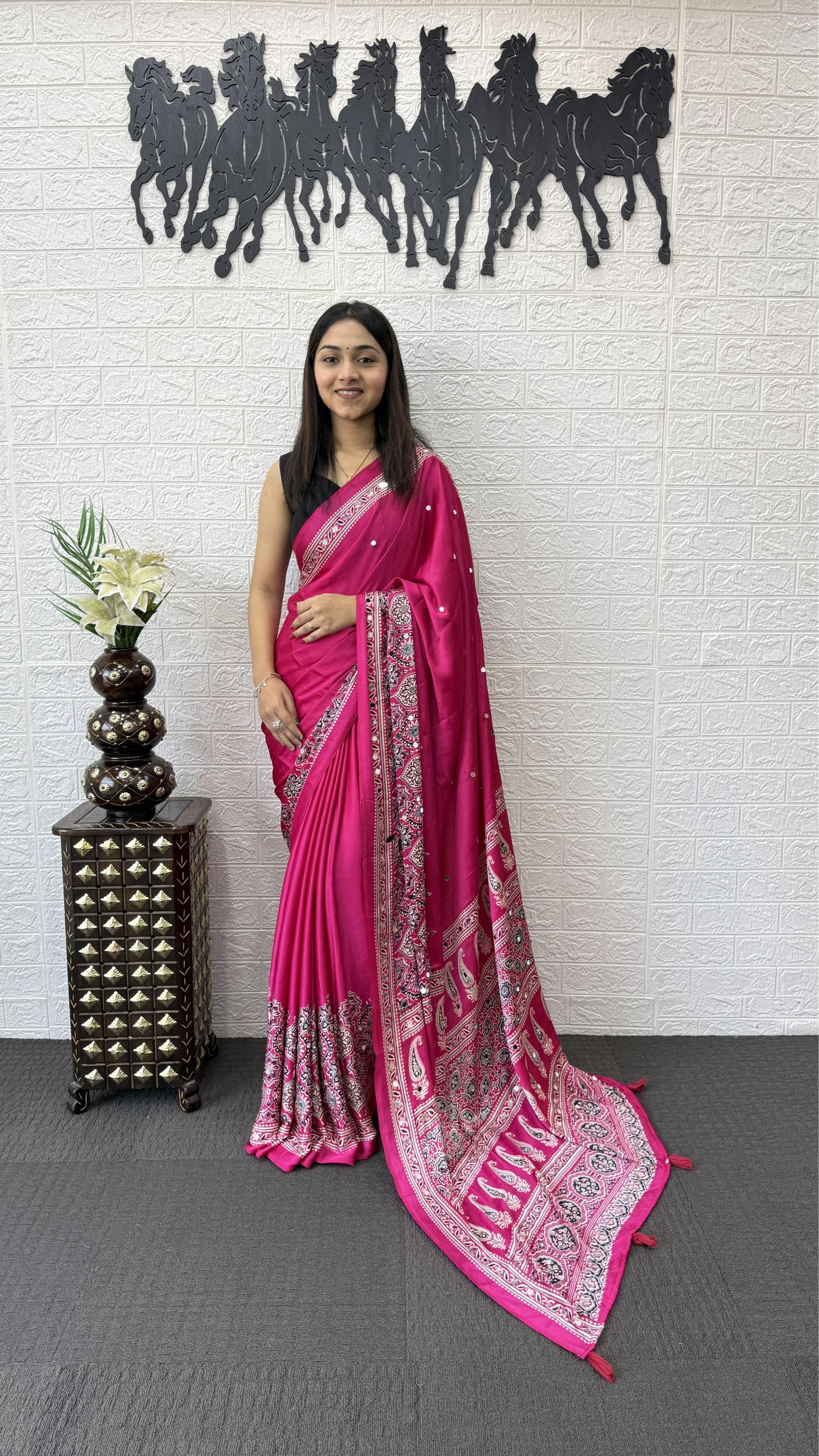 Divine Function Wear Satin Silk Heavy Mirror n Latkan Pallu Designer Saree With Unstitched Blouse Piece