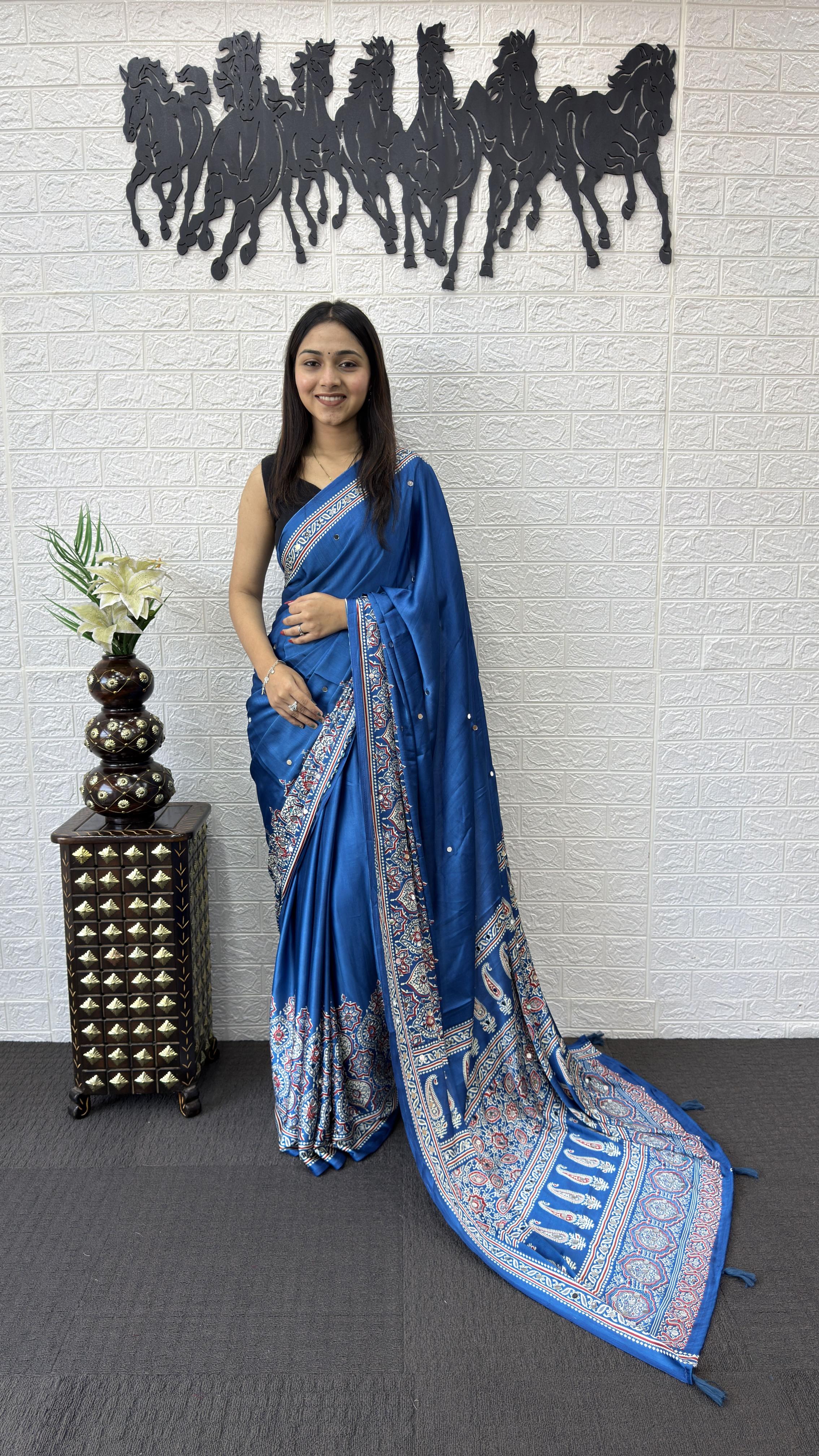 Divine Function Wear Satin Silk Heavy Mirror n Latkan Pallu Designer Saree With Unstitched Blouse Piece