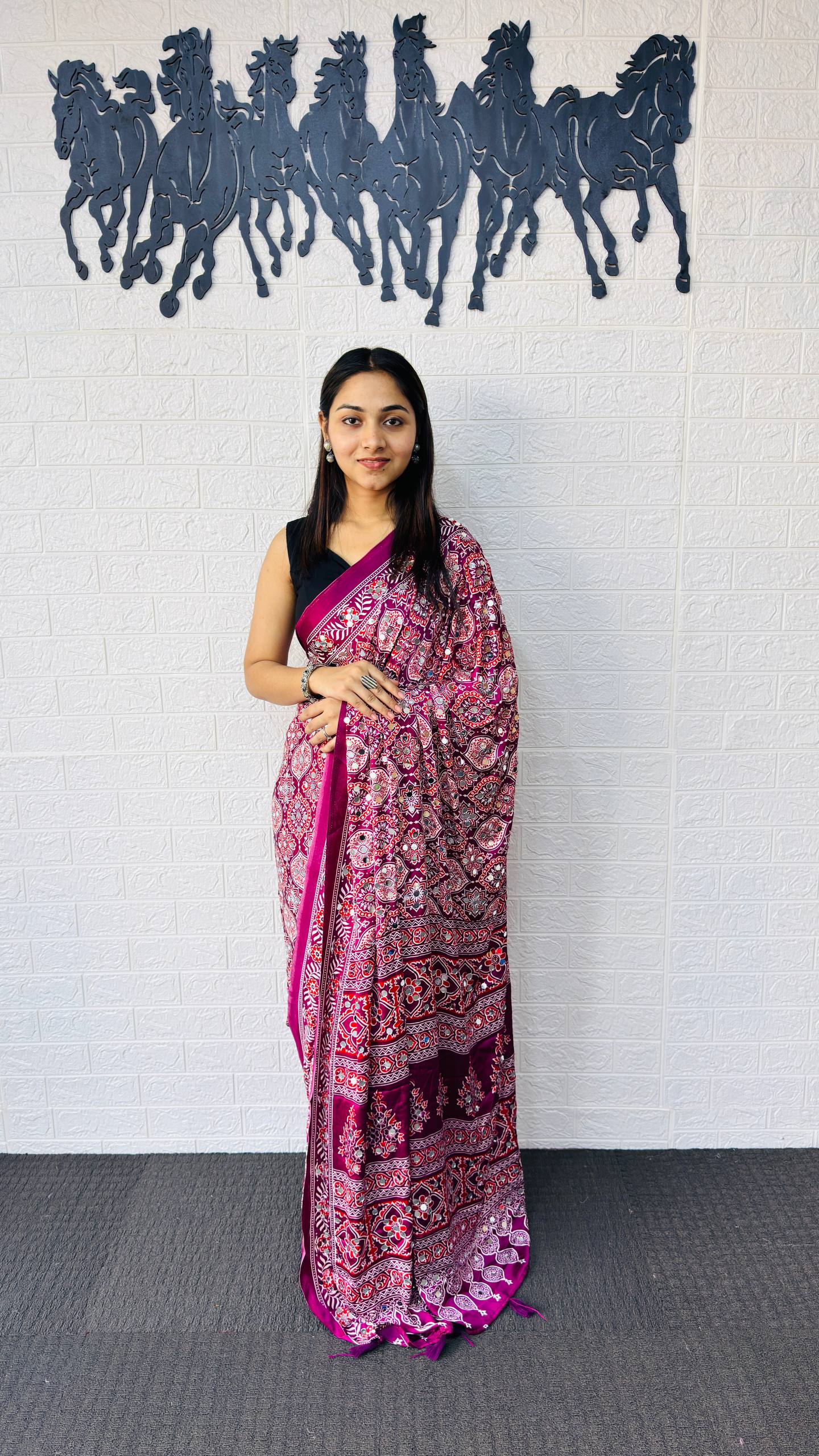 Charming Festive Wear Satin Silk Heavy Mirror n Latkan Pallu Designer Saree With Unstitched Blouse Piece