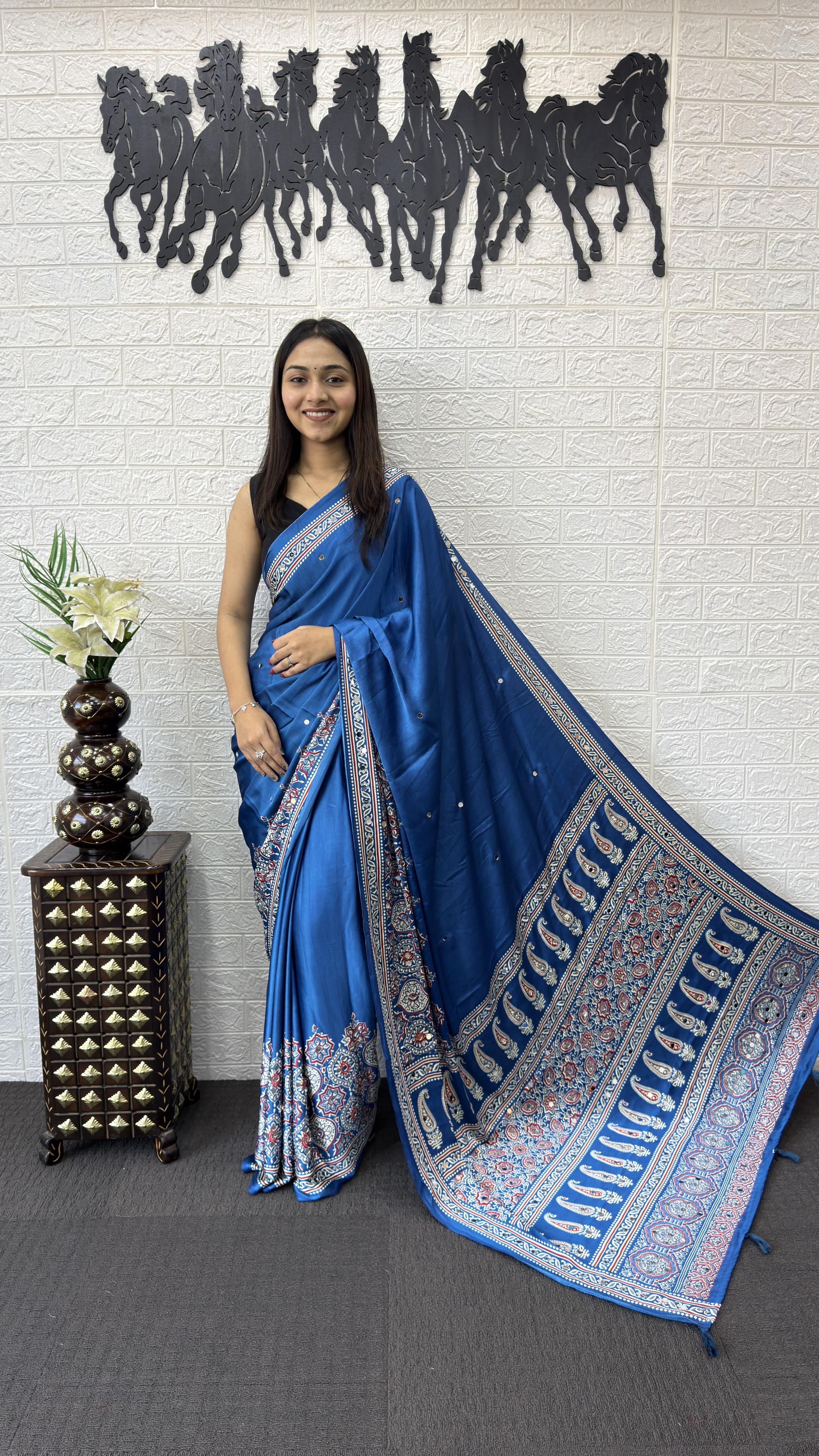 Divine Function Wear Satin Silk Heavy Mirror n Latkan Pallu Designer Saree With Unstitched Blouse Piece