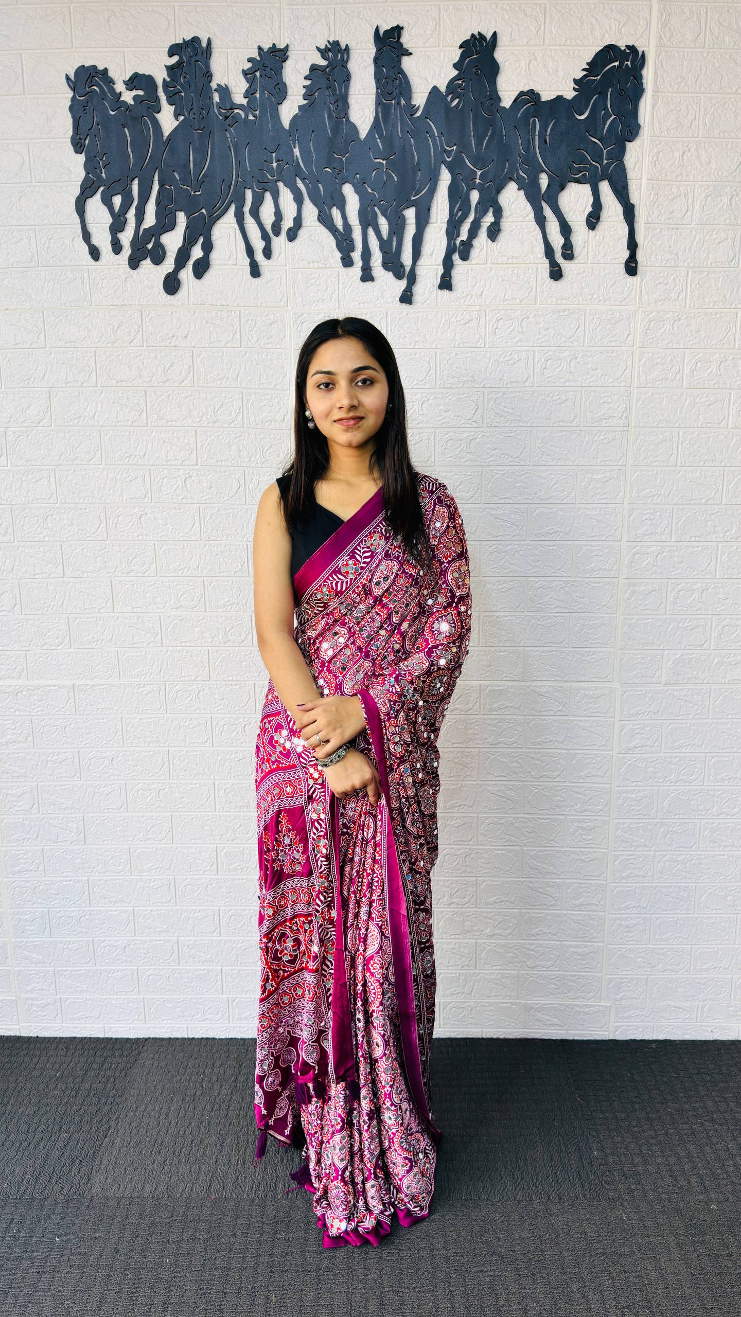 Charming Festive Wear Satin Silk Heavy Mirror n Latkan Pallu Designer Saree With Unstitched Blouse Piece