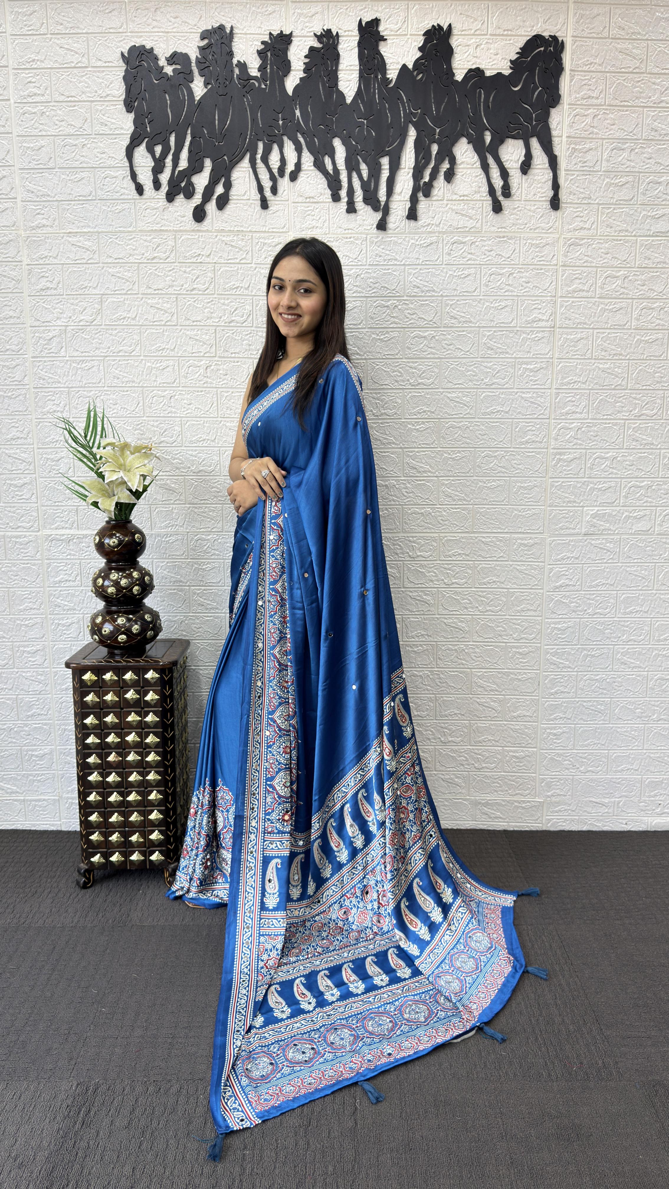 Divine Function Wear Satin Silk Heavy Mirror n Latkan Pallu Designer Saree With Unstitched Blouse Piece