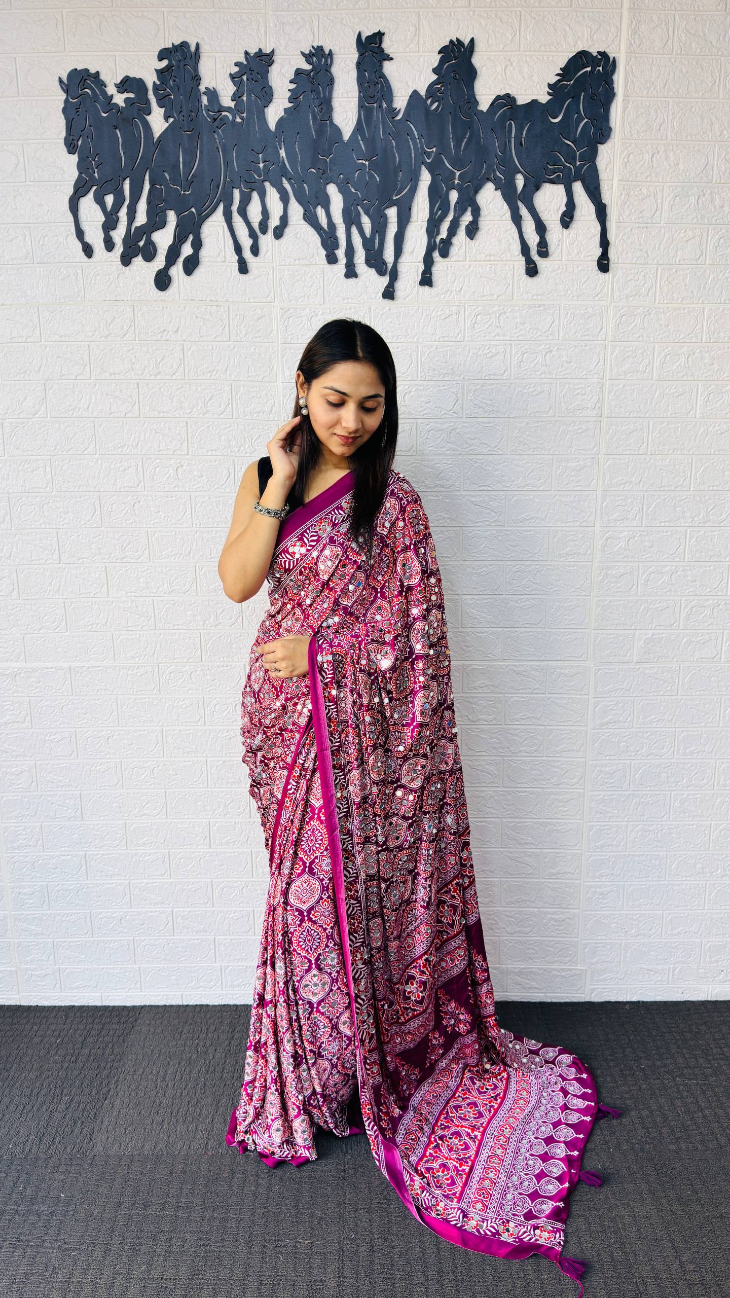 Charming Festive Wear Satin Silk Heavy Mirror n Latkan Pallu Designer Saree With Unstitched Blouse Piece