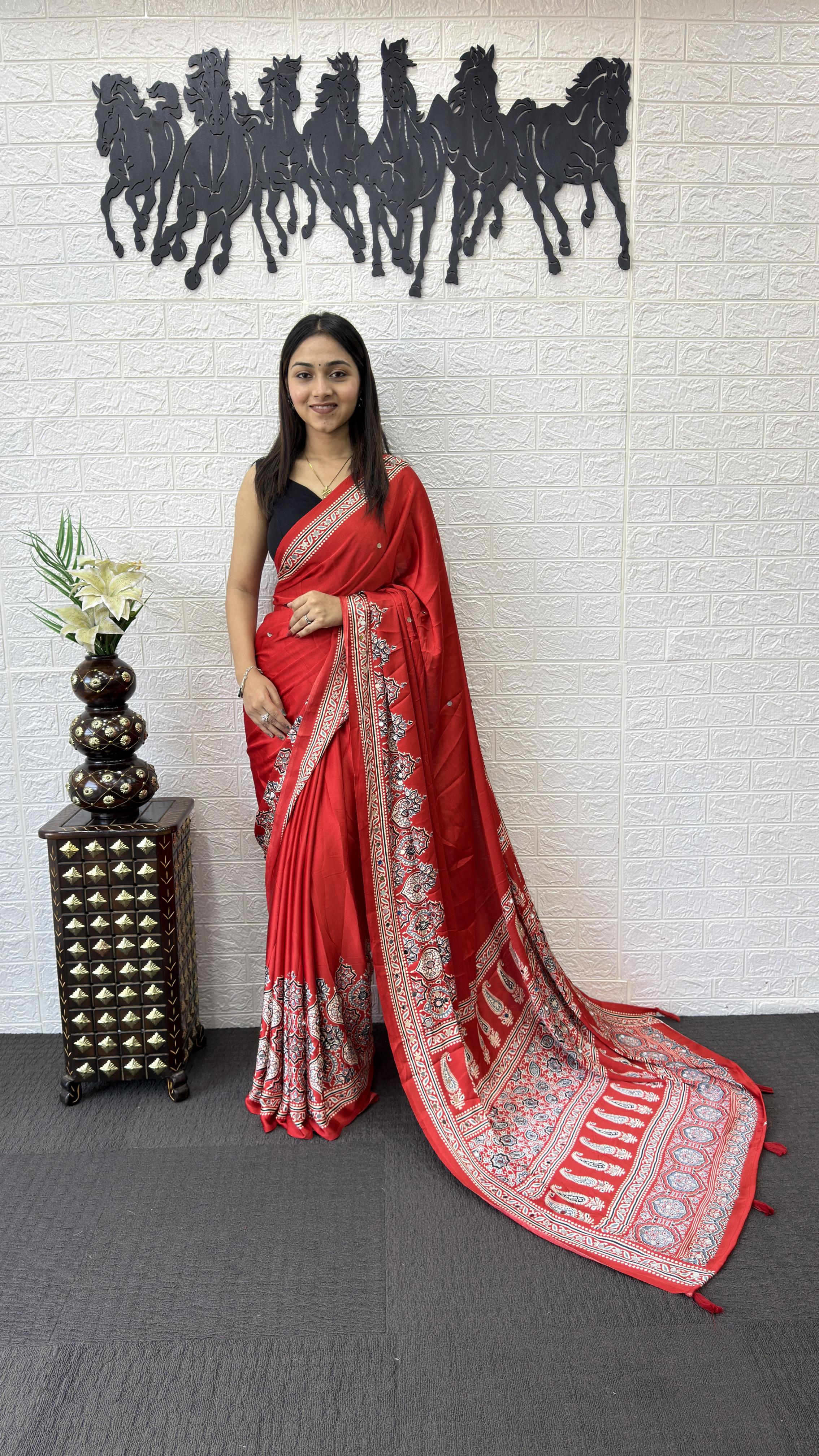 Divine Function Wear Satin Silk Heavy Mirror n Latkan Pallu Designer Saree With Unstitched Blouse Piece
