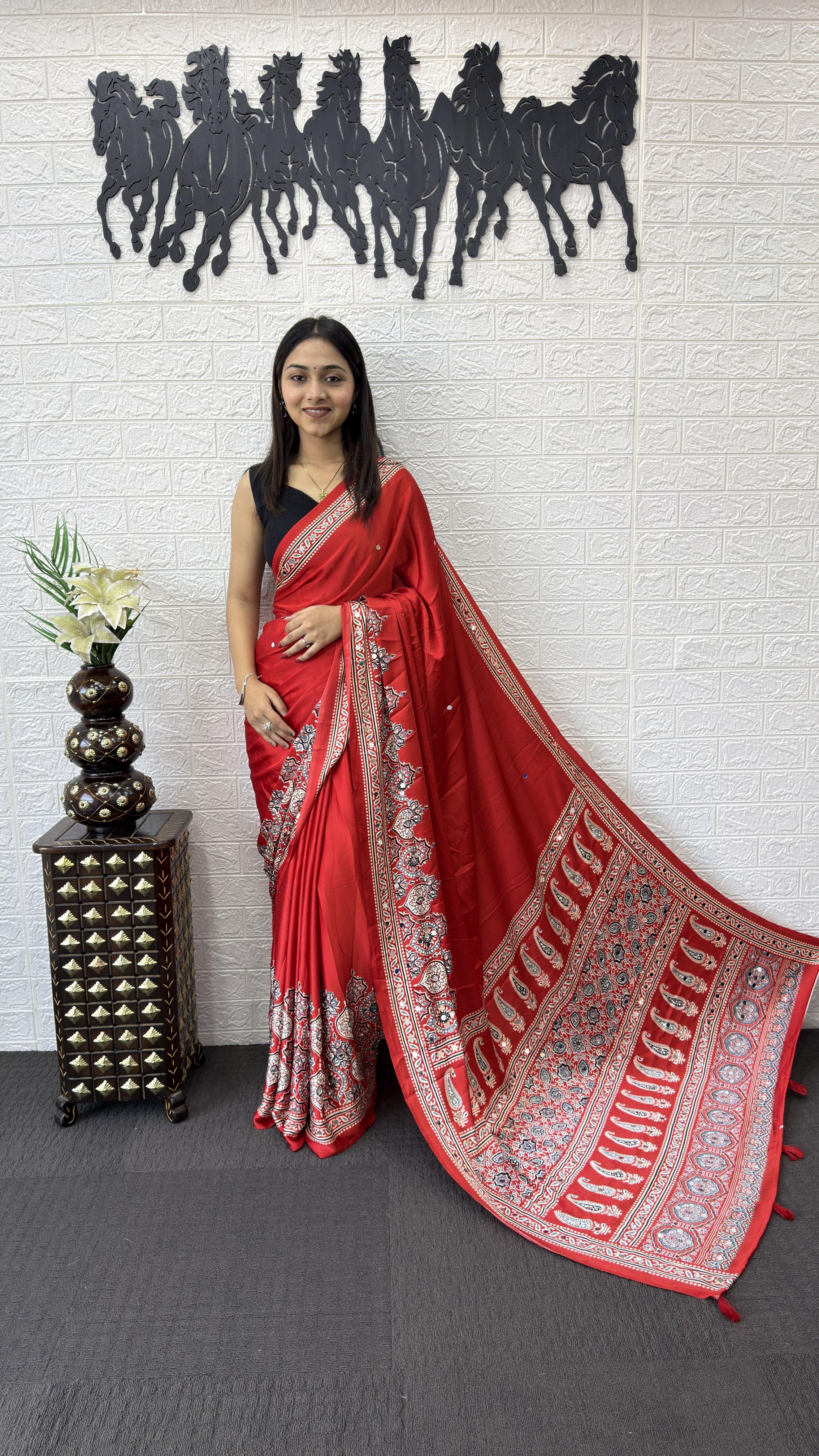 Divine Function Wear Satin Silk Heavy Mirror n Latkan Pallu Designer Saree With Unstitched Blouse Piece